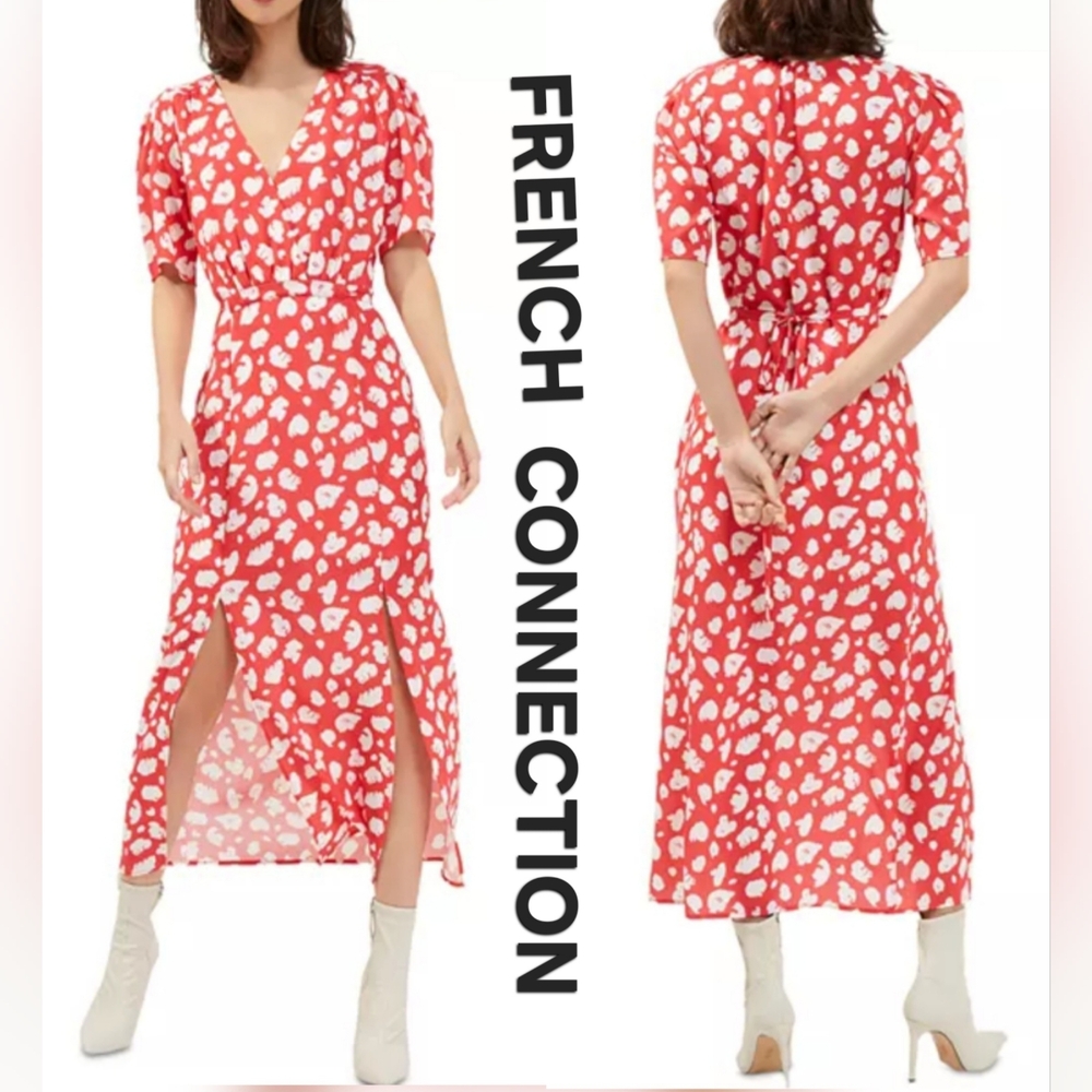 French Connection Aimee Verona Drape Front-Split Midi Dress Hibiscus-Summer Sz 6
